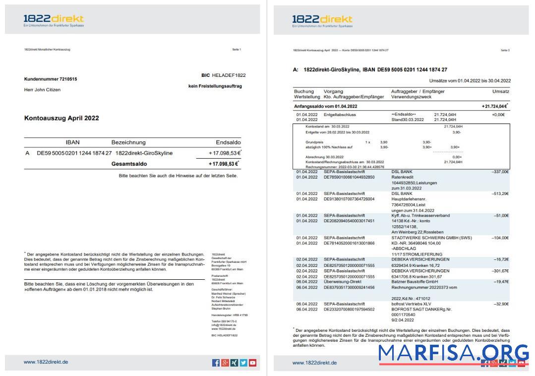 Downloadable Germany 1822direkt bank statement on Dautsch, 6 pages real example